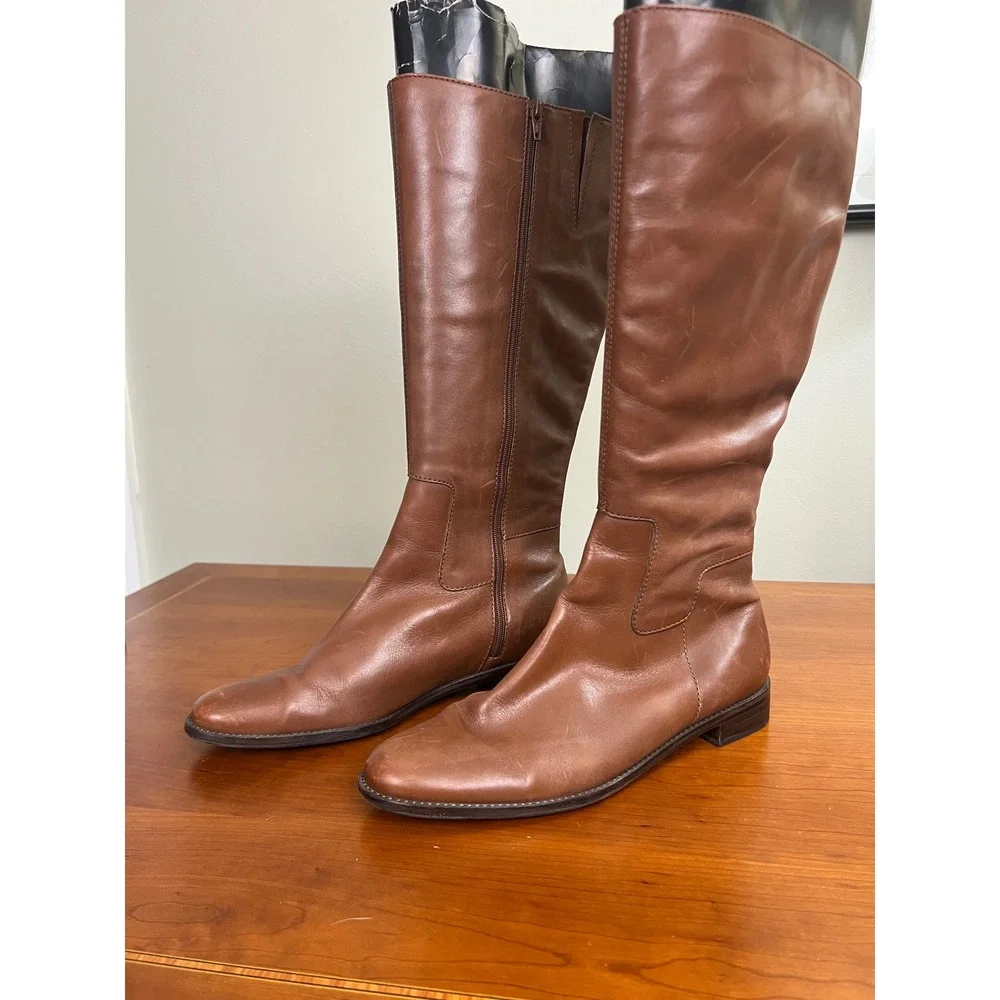 Talbots Womens Cognac Brown Leather Knee High Riding Boots Size 8 Made in Brazil